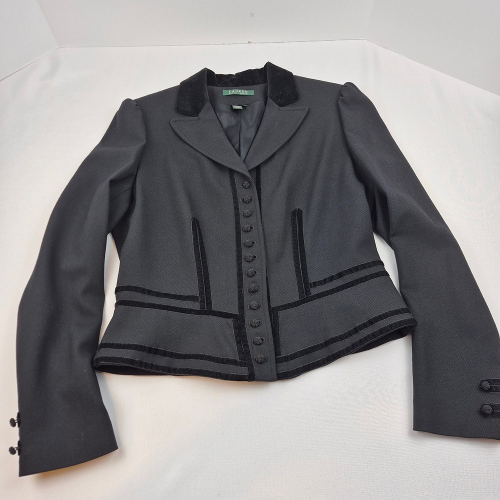 Vtg 90s Lauren Ralph Lauren Wool Blazer 10 Black Velvet Trim Cropped Equestrian